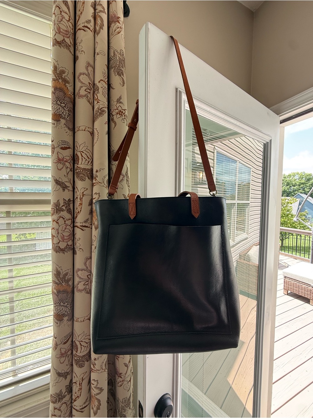 Madewell Black Leather Tote with Brown Strap